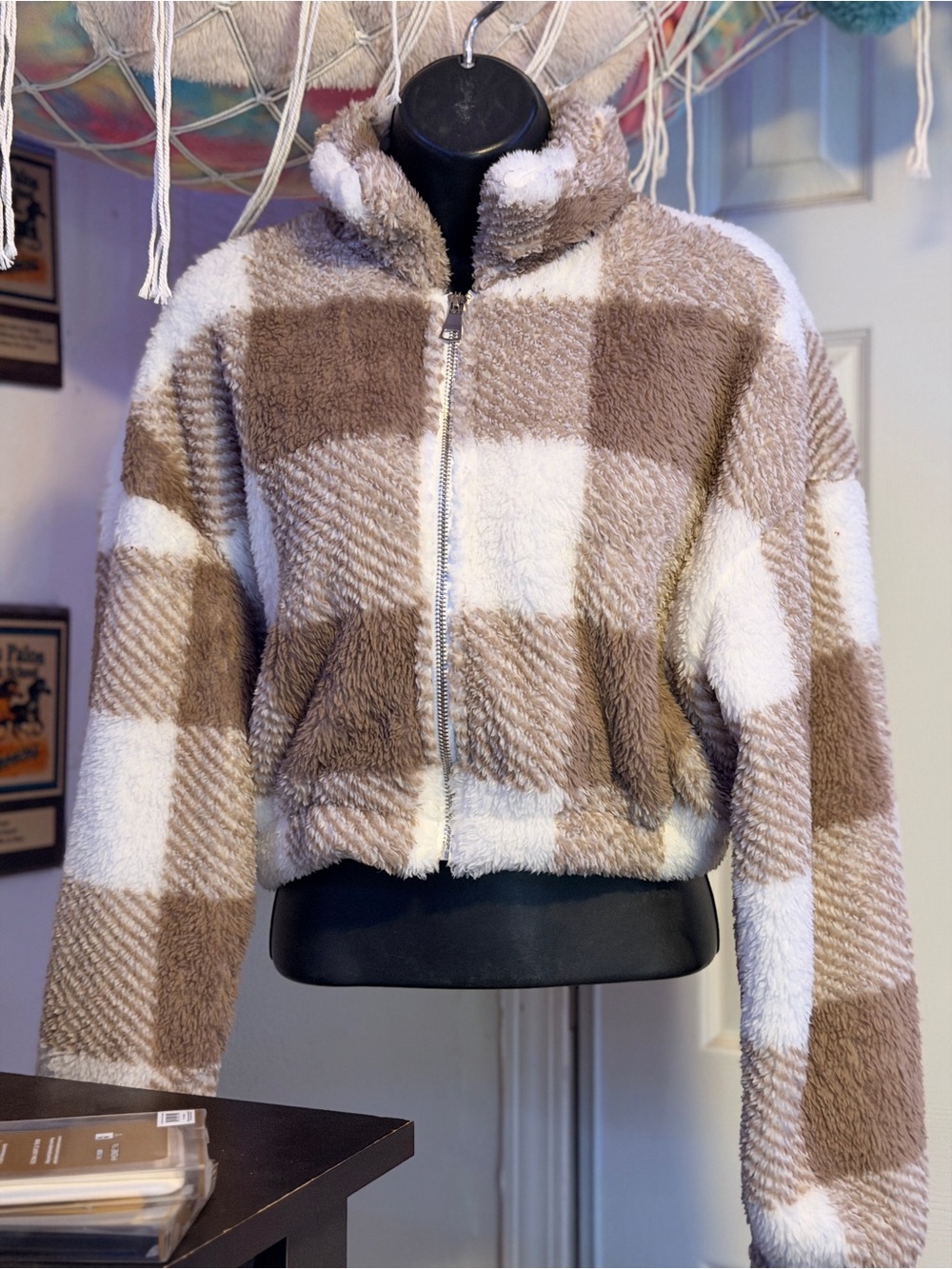 SHEIN Taupe & Cream Checkered Sherpa Zip Jacket